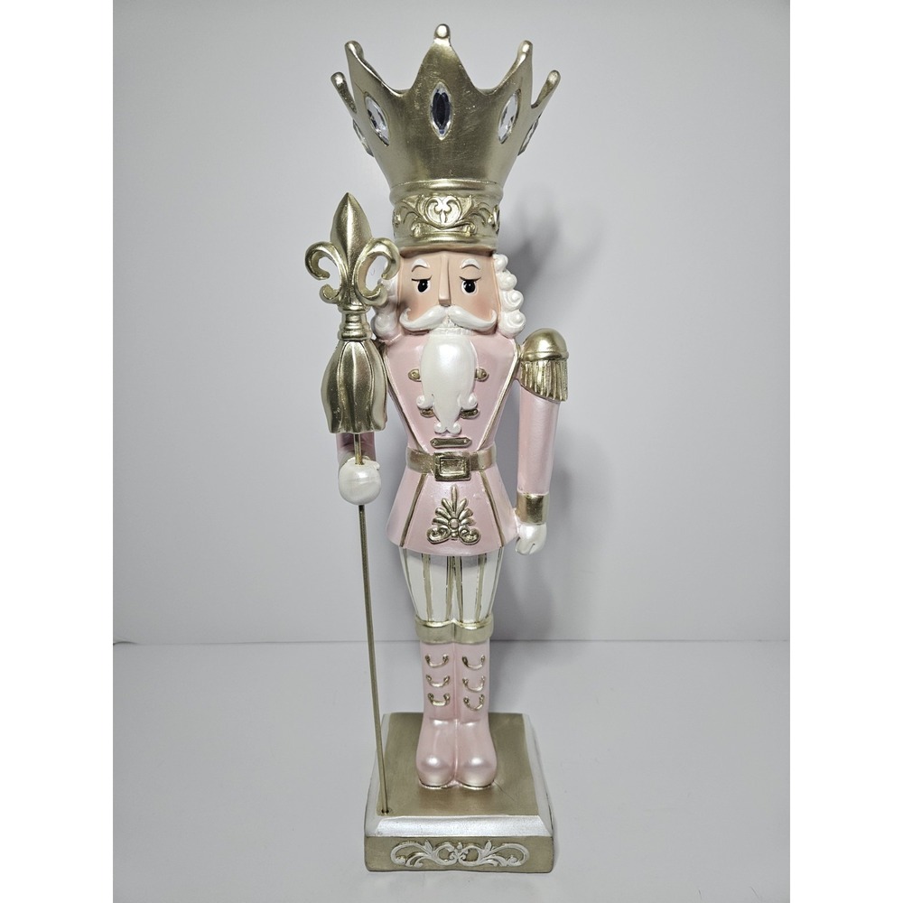 Pink Gold King Nutcracker Christmas Statue Resin Figure Fleur De Lis 16"